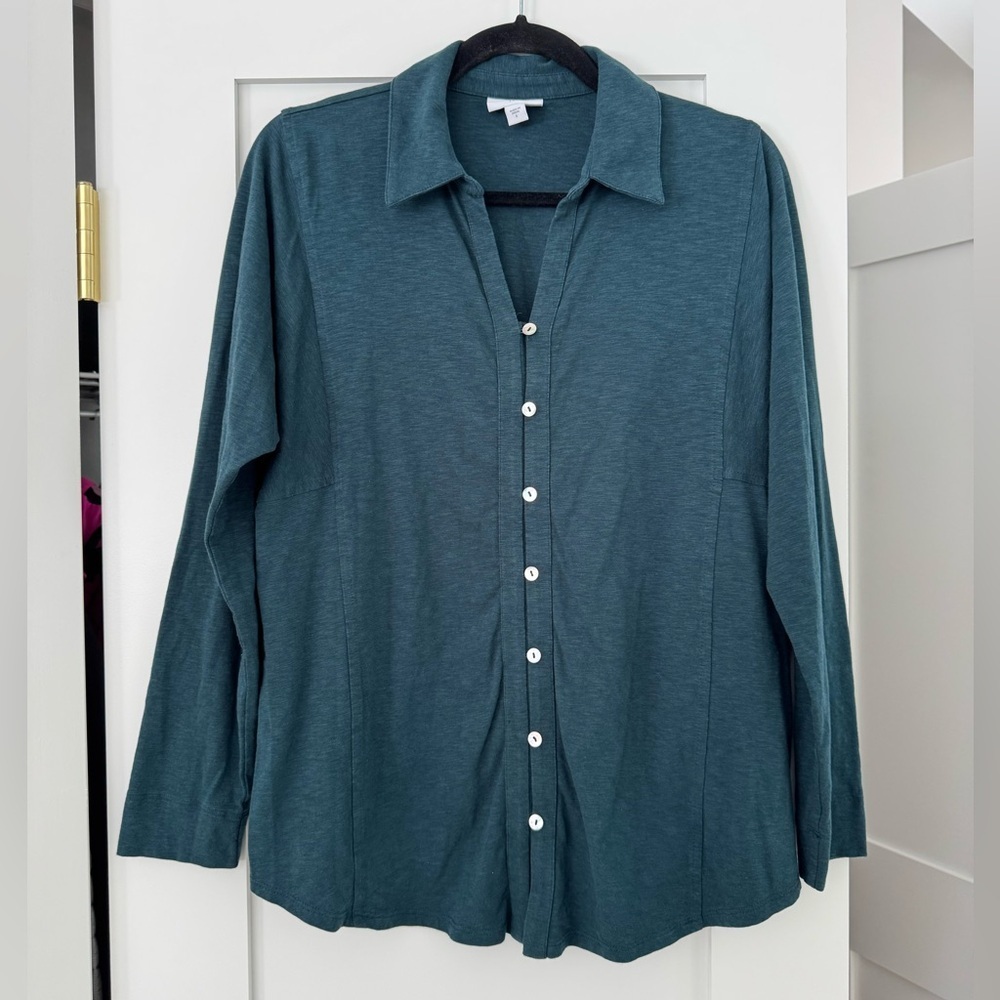 J. Jill Cotton Modal Pleated Button Up Travel Career Casual Top Teal